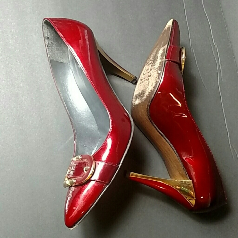 Stuart Weitzman Dark Red with Gold Buckle Heels - Picture 6 of 8